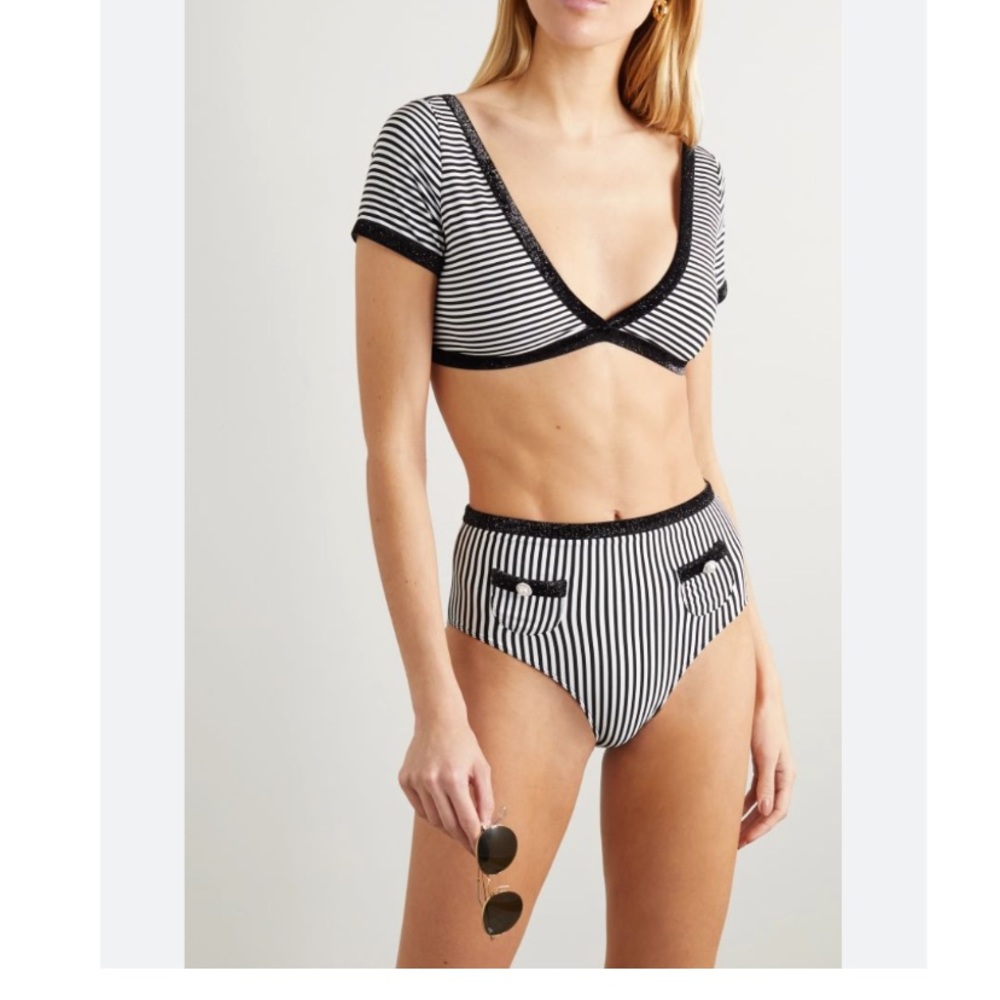 Leslie Amon - Marylou Embellished Striped Seersucker Bikini Black & White Large